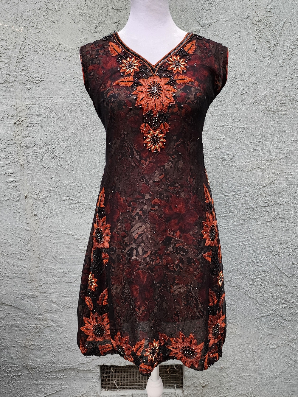 Vintage Gothic Lace Beaded Dress Floral Burnout Overlay Mesh Whimsigoth